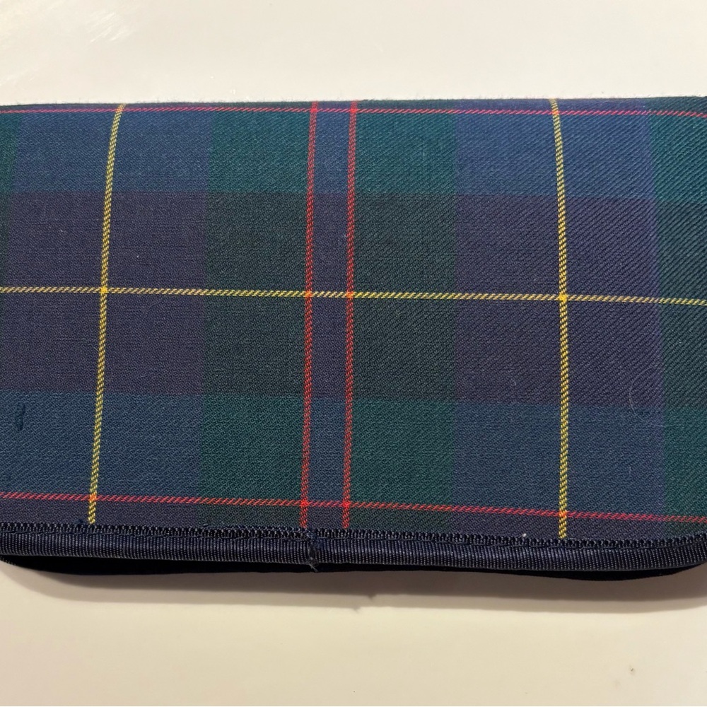 Blue and Green Plaid Wallet with Snap Closure